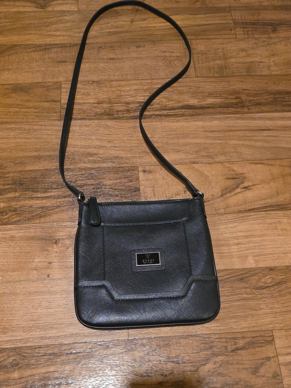 Guess Black Saffiano Crossbody Bag with Logo Plaque